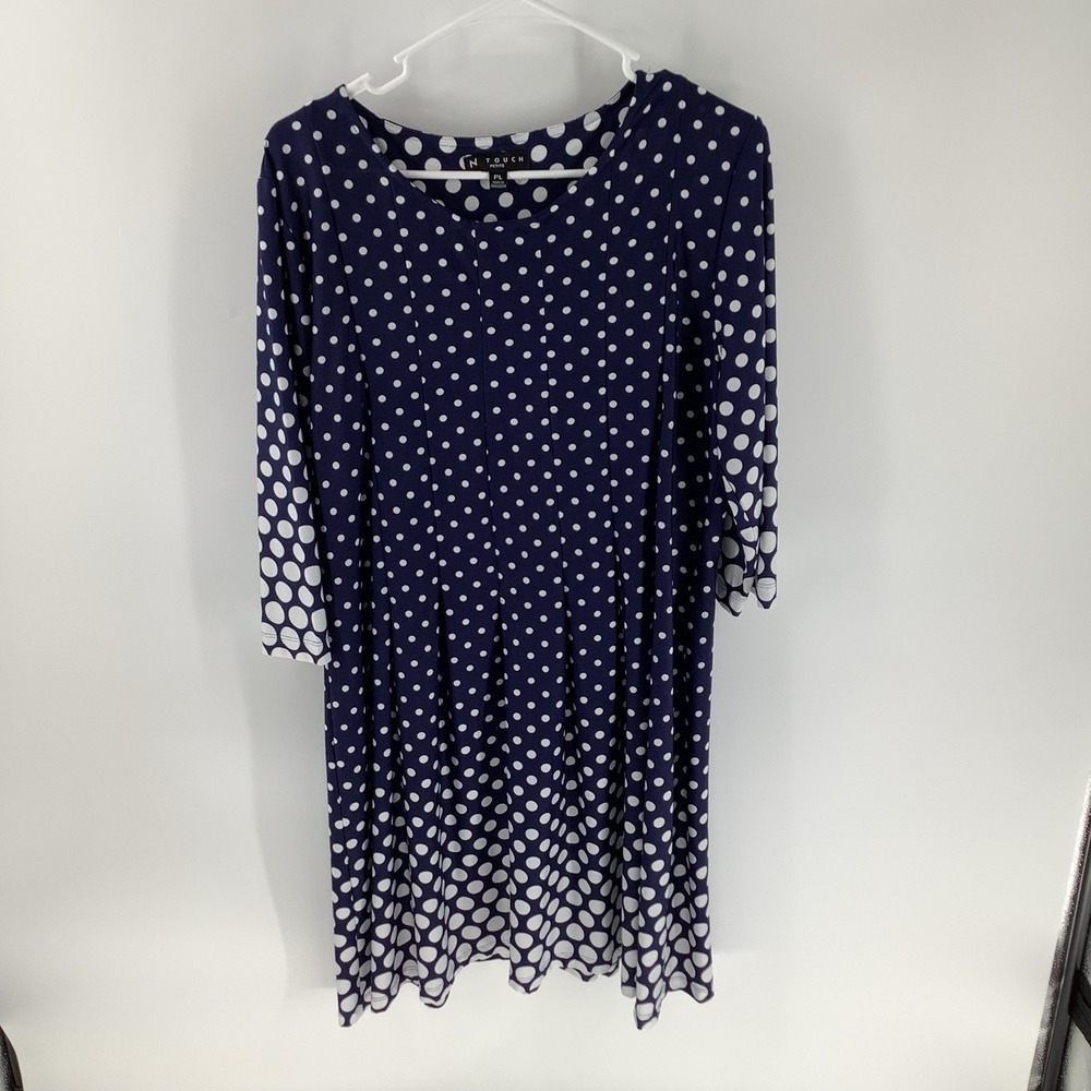N Touch‎ Women Navy Blue Polka Dot Knit Dress 3/4 Sleeve Size PL Petite